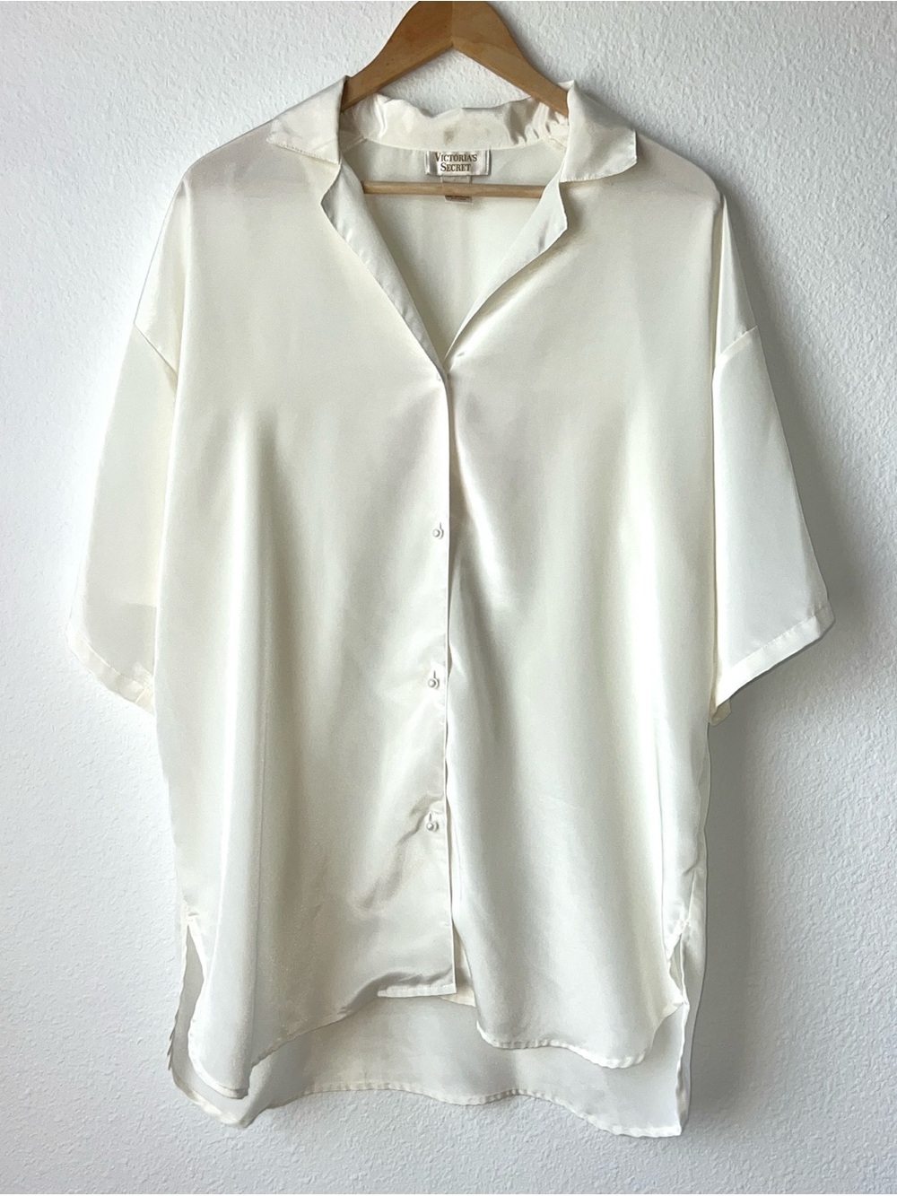 Vintage Victoria's Secret Gold Label Satin Button Up Pajama Top Oversized White